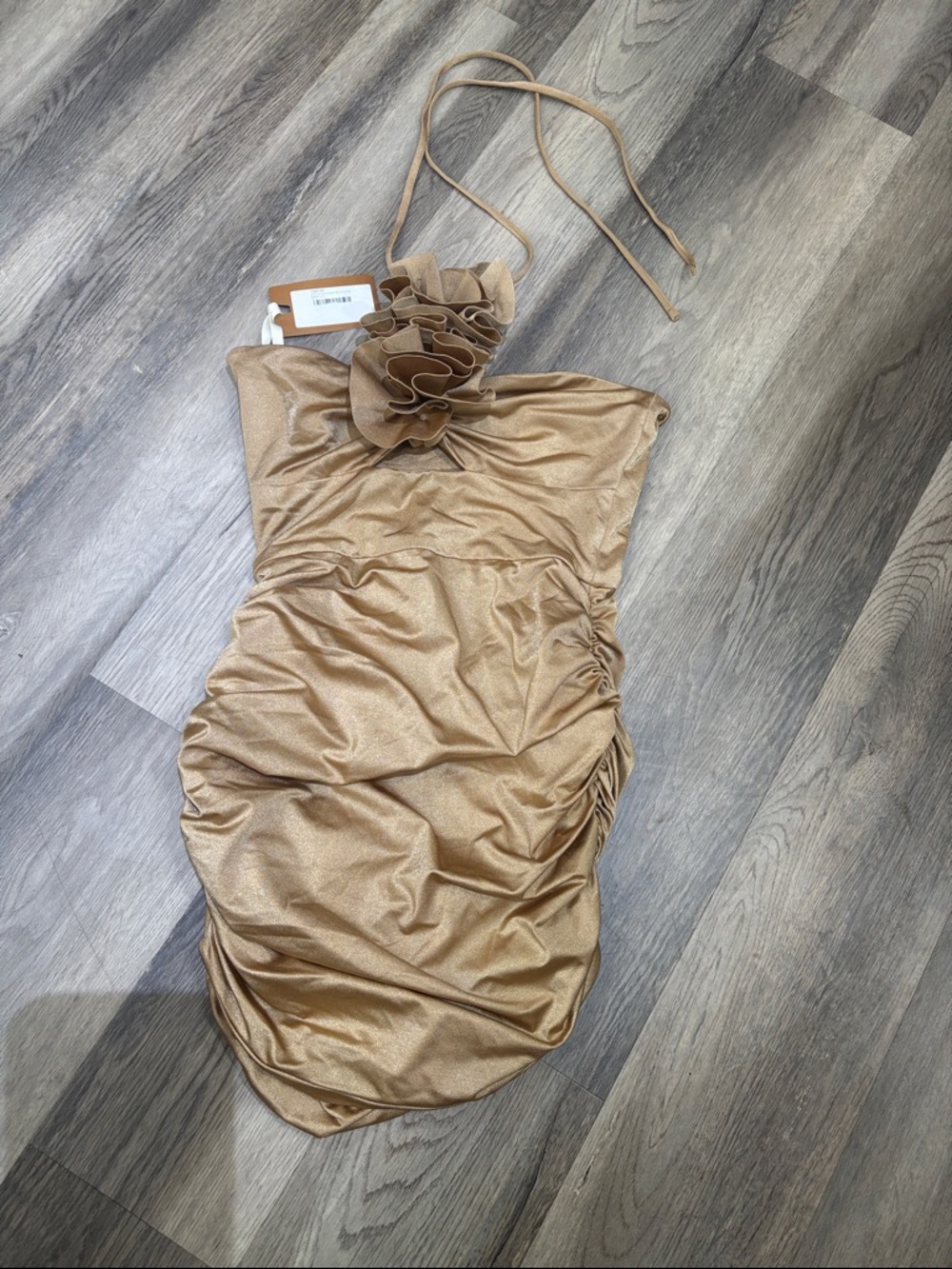 Strapless Gold Ruched Cocktail Dress with Floral Detail